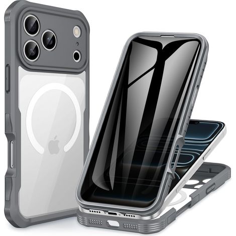 Magnétique Anti Espion Coque iPhone 17 Pro [Compatible avec MagSafe] intégré 9H Verre Trempé Protection écran et Protection Caméra, 360° Antichoc Téléphone Housse Case Intégrale Etui -Gris (1/5)