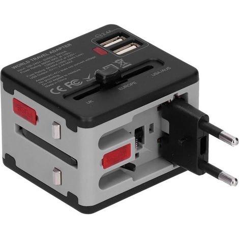 Adaptateur de voyage universel, adaptateur secteur international avec 2 ports USB, chargeur de prise 100 V à 240 V pour USA, AU, , EU couvre 220 pays(Gris) (1/5)