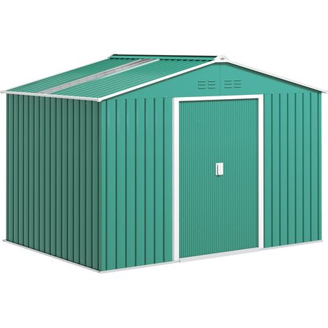5 m² großer, verzinkter Stahl-Gartenschuppen mit Steckdosen, Satteldach, doppelten abschließbaren Schiebetüren, Geräteschuppen, 277 x 195 x 192 cm, Dunkelgrün