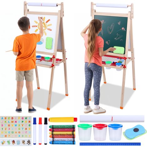 FIANAO - Chevalet Enfant - Table à dessin double face (une face noire, une face blanche) - hauteur réglable - avec plateau rouge et pinces48 cm de long x 46 cm de large x 110 cm de haut (1/5)