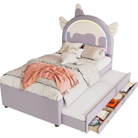 Lit Enfant Simple avec Lit Gigogne et Tiroirs, 90 x 200 cm, Tête de Lit Licorne, sans Matelas, Violet (1/5)