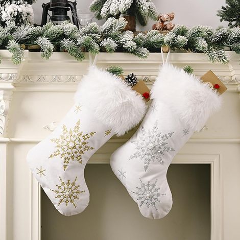 Lot de 2 grandes chaussettes de Noël en peluche à remplir et à suspendre, à placer dans une cheminée, réutilisable, confortable (1/5)