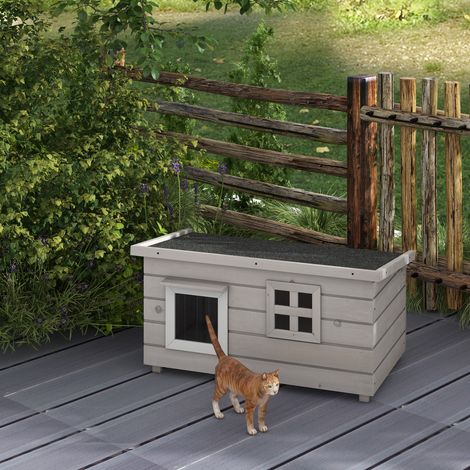 Casetta per gatti in legno PawHut, riparo impermeabile per gatti con tetto in asfalto, coperchio incernierato, finestra, riparo invernale, grotta per gatti, box per gatti da esterno per giardino, balc