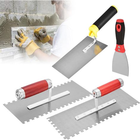 Spatules de maçon en acier inoxydable, 4 pièces truelle crantée, truelle trapézoïdale en acier inoxydable avec poignées en caoutchouc, ensemble de truelles de maçon pour béton, mastic (280 x 110 mm) (1/5)