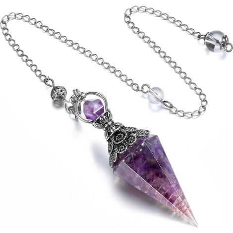 1 Pendentif pendule en résine forme cône, cristal naturel, fil cuivre, argent antique, pour Reiki et divination (1/5)