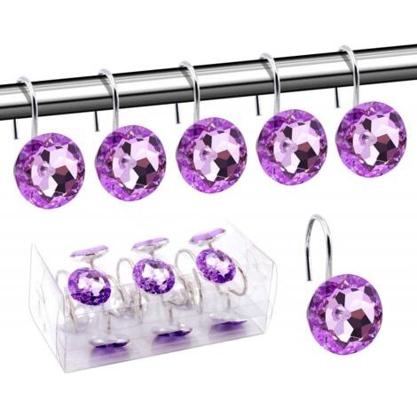 QORVA-Lot de 12 anneaux décoratifs en acrylique pour rideau de douche violet avec strass, pour salle de bain, chambre de bébé, salon (violet) (1/5)