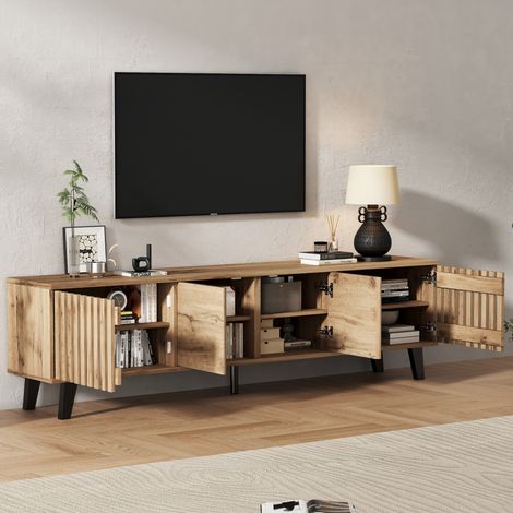 Mueble para TV de tablero de partículas color madera natural 180x40x55 cm, 8 compartimentos, 4 puertas, para TV hasta 70" (1/5)