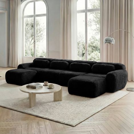 Canapé modulable noir en tissu peluche, sans montage, avec assise ergonomique et base antidérapante,378x179x73 cm (1/5)