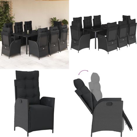 Set da Pranzo da Giardino 9 pz con Cuscini Nero in Polyrattan - Sedie da giardino reclinabili - Tavolo da giardino