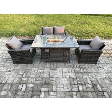 Fimous 4 Seater Outdoor Rattan Sofa Set Garden Furniture Gas Firepit Dining Table Heater Dark Grey Mixed (1/5)