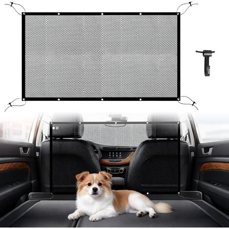 Car Barrier for Dogs, 110 cm x 75 cm Wide Separation Grille for Boot Dog Rear Seat with Adjustable Rope and Hooks for SUV, Trucks and Cars (Black) (1/5)