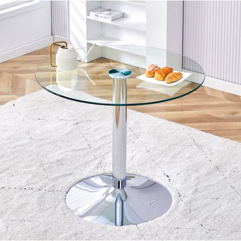 Table bar ronde en verre 85 cm H76 cm, base métal argenté, design minimaliste pour salon ou café (1/5)