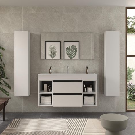 Meuble de salle de bain BEQUIA PLUS METAL 120cm Blanc mat Vasque Veneto Porcelaine Centrale 2H (1/5)