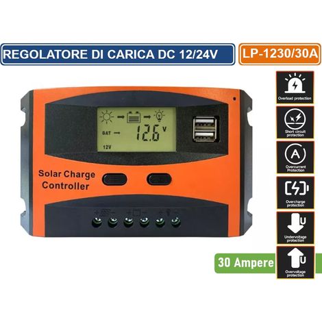 REGOLATORE DI CARICA PWM PER PANNELLI SOLARI 30A DC 12/24V AUTOSELEZIONE CON DISPLAY DOPPIA PORTA USB (1/5)