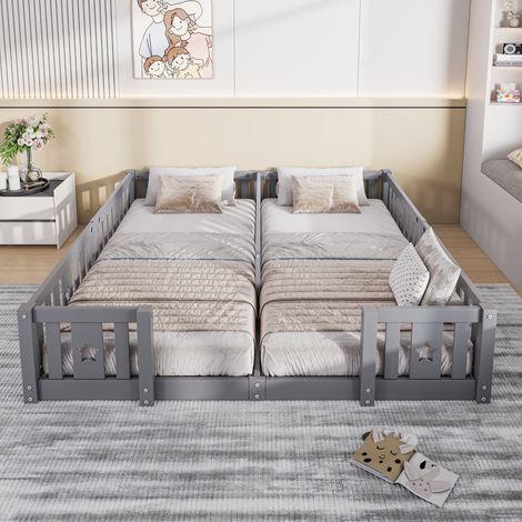 Letto evolutivo 2x 90x200 cm - Letto a terra - Letto matrimoniale per bambini con sponda 90x200 - Design a stelle - con rete - in pino massiccio grigio (1/5)