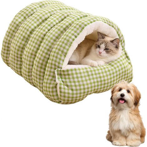 Nueva cueva de invierno para gatos y perros pequeños, cálida casa para gatos cubierta de felpa con cojín extraíble, cama interior suave y relajante (estampado de cuadros verdes, M (1/4)