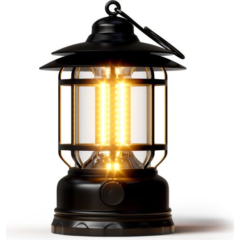 Lanterne de camping LED portable, 1500 lumens avec gradation progressive, légère, design rétro, alimentée par batterie et rechargeable par USB, lampe de tente [Noir]