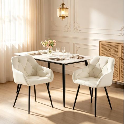 Sedie da pranzo imbottite in velluto con schienale ergonomico, set da 2, color avorio (1/5)