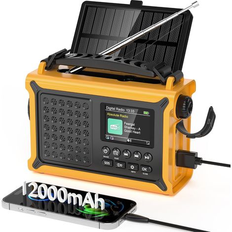 Dab/Dab+ Radio d'urgence Portable, FM Digital Radio avec Solaire Dynamo 12000mAh, Manivelle Solaire, 2,4 "Grand Affichage Couleur, Bluetooth 5.0, 5 Méthodes de Chargement, Alarme SOS de Camping