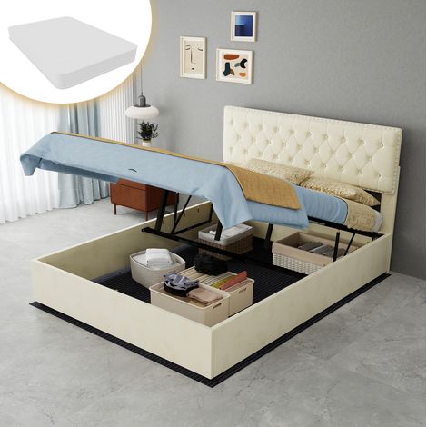 DESVIAE Lit coffre en tissu avec tête de lit haute et sommier à lattes 140 x 200 cm beige avec matelas rangement sous le lit style velours hollandais structure métal (1/5)