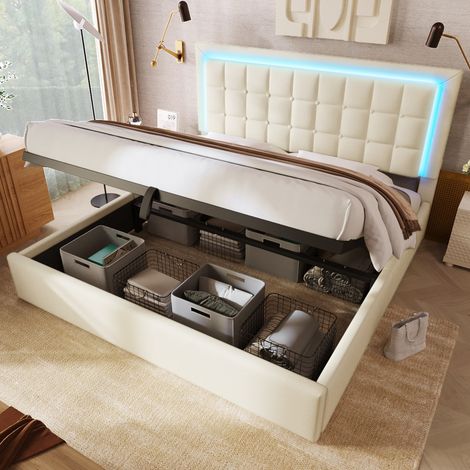 Lit rembourré, lit coffre, sommier à lattes, lit double avec LED, cadre de lit 160x200 cm, couvre-lit fonctionnel en simili cuir blanc, sans matelas (1/5)