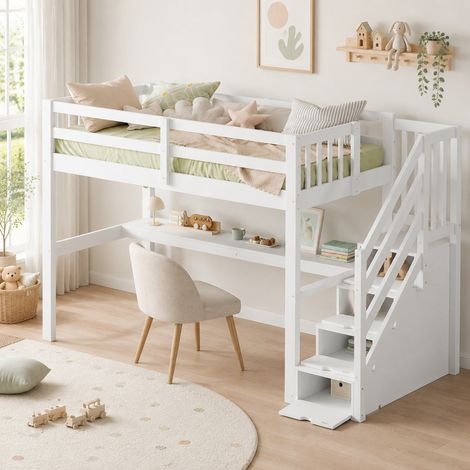 Kinderhochbett 90x200 cm Weiß aus Kiefernholz mit Stauraum und Schreibtisch (1/5)