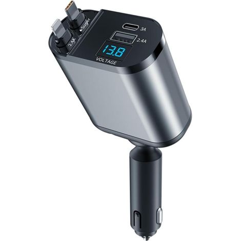 2er-Pack einziehbare Autoladegeräte – zwei USB-C-Kabel, PD-Schnellladung, Spannungsmesser, wasserfester Zigarettenanzünderadapter (1/5)