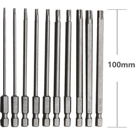 Satz mit 10 langen Bits für Schraubendreher und Elektroschrauber. Langer Torx-Bit aus Chrom-Vanadium-legiertem Stahl. 75 mm langes, rostfreies Schraubendreher-Bit-Set (1/3)