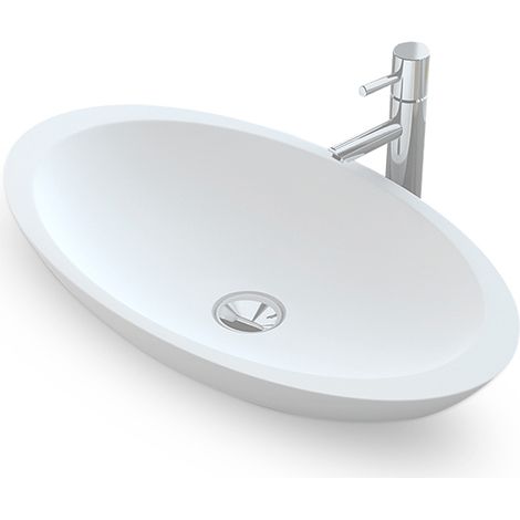 Vasque à poser ovale 60 cm – Solid Surface blanc mat – Sans trop-plein ni plage de robinetterie – Pour meuble ou plan sous-vasque – Ambra (1/4)