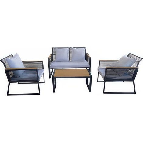 Set Salotto da Giardino Gordes Nero 4 Pezzi in Acciaio e Polyrattan Tondo