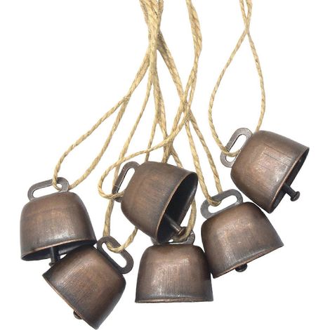 Ensemble de 6 cloches de vache rétro en métal avec cordelette, décoratives et suspendues, pour la maison, les cafés, les boutiques, le bricolage et les cadeaux (multicolores). (1/4)