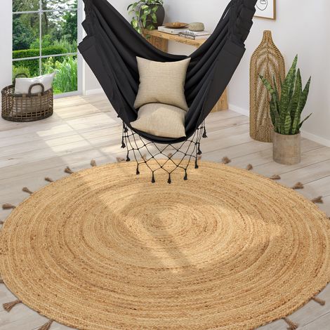 Paco Home Teppich Rund Wohnzimmer Jute Boho Ethno Muster Modern Handgefertigt Naturteppich 80 cm Rund, Natur 6