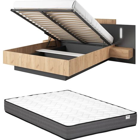 Letto con contenitore con comodini 2 cassetti Con LED 140 x 190 cm Naturale e Antracite + Materasso - FRANCOLI