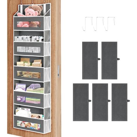 Organizador de puerta grande: 5 estantes + 10 bolsillos laterales + 3 ganchos – gran capacidad