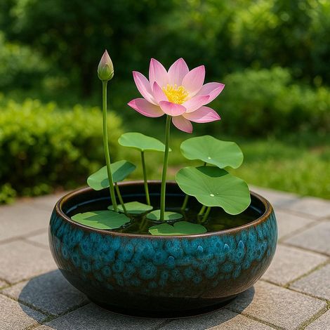 ø 16,5 cm - Ciotola per acqua a prova di perdite per uso interno ed esterno - Ciotola a forma di fiore di loto - Ceramica - Blu - Vaso idroponico per piante acquatiche e (1/3)