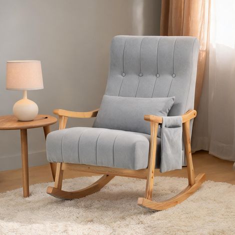 Fauteuil à bascule rembourré en bois et lin gris 90 x 65 x 98 cm (1/5)