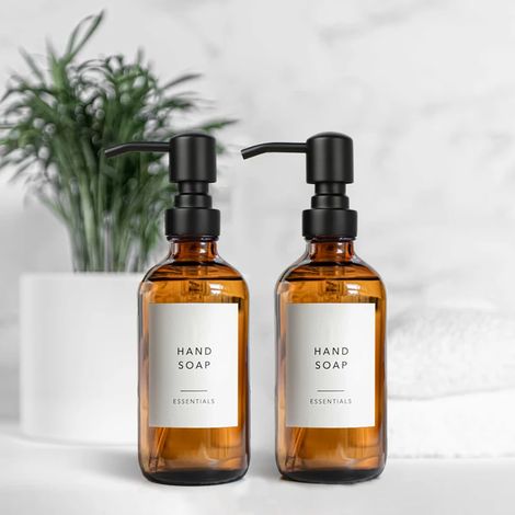 Distributeur de savon liquide (noir) avec pompe, flacon de 250 ml (8 oz), en verre ambré, pour salle de bain et salle de bain. (1/5)