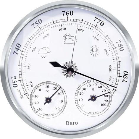 Station météo analogique Ulisemanalog – Station météo analogique intérieure et extérieure – Composée d'un baromètre, d'un thermomètre et d'un hygromètre (argent, 128 mm) (1/4)