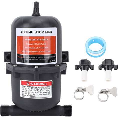 Réservoir d'accumulateur 0,75 l pré-pressurisé pour pompe à eau de camping-car, raccord de port 1/2 MNPT maximum de 125 psi avec 2 pinces et 1 ruban PTFE