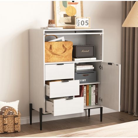 Credenza 85x40x120 cm bianca in truciolato con 3 cassetti, 1 anta e 1 anta in vetro (1/5)