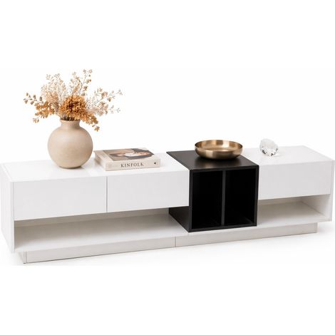Meuble TV bas blanc et noir brillant, 190 cm, 3 tiroirs, 2 niches, design contrasté moderne pour salon, rangement pratique et élégant – CHICFURN (1/5)