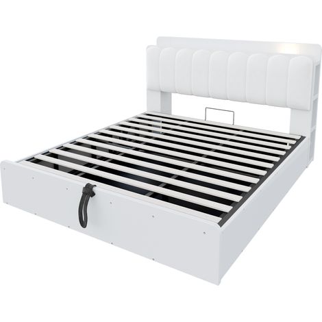 Lit coffre avec rangement hydraulique tête de lit rembourrée USB bois blanc 180 x 200 cm (1/5)