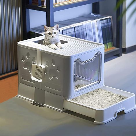 Katzentoilette  Große faltbare Katzentoilette mit Deckel  Tablett mit Schublade  Streuschaufel und Massagebürste  Leicht zu reinigen, großes Fassungsvermögen  Tragbar
