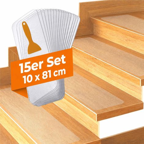 Relaxdays Stufenmatten, 15er Set, Antirutschmatte, BxT: 81x10 cm, für Treppen, Treppenmatte selbstklebend, transparent (1/5)