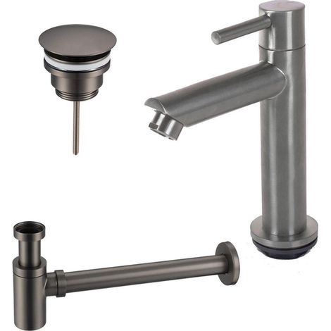 FugaFlow Eccelente Sobrado ensemble de robinetterie pour lave-mains avec robinet bas sur pied, bonde toujours ouverte et siphon design PVD Gunmetal (1/4)
