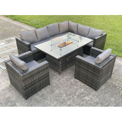 Fimous Outdoor Rattan Garden Furniture Corner Sofa Burner Gas Fire Pit Table Sets Lounge Chairs Dark Grey 8 Seater