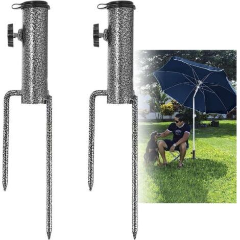 QORVA-Pied de parasol, lot de 2 ancrages pour parasol, pied de parasol à ancrer, pied de parasol élastique et réglable, pied de parasol en métal polyvalent pour plage de sable ou sol (1/4)