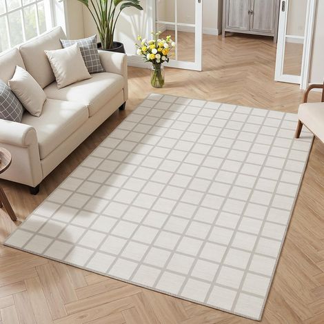 Tribesigns Tapis de salon, à poils courts, 200 x 300 cm, à carreaux, lavable, pour salon, chambre à coucher, salle à manger, doux, antidérapant, certifié Oeko-Tex, beige