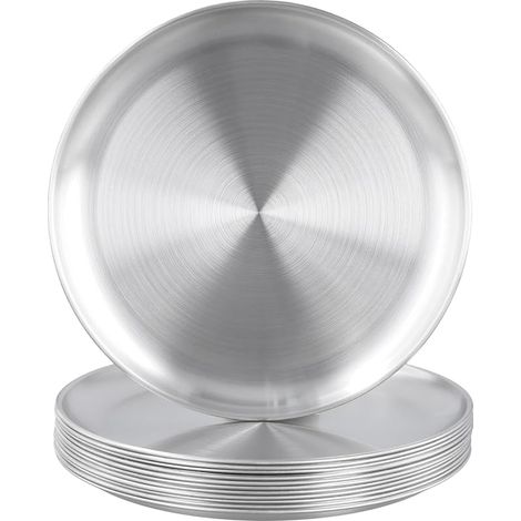 MUKSEUT Lot de 12 assiettes rondes en acier inoxydable de 26 cm pour fêtes, buffets, divertissements, steak et barbecue