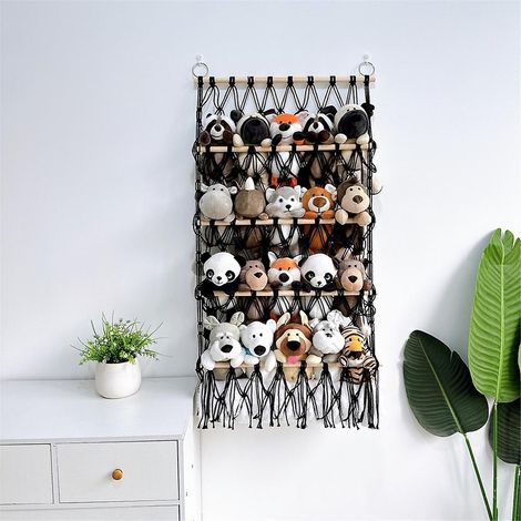 Organisateur mural suspendu en filet pour peluches, hamac de rangement pour jouets en peluche, style bohème macramé, blanc (1/5)